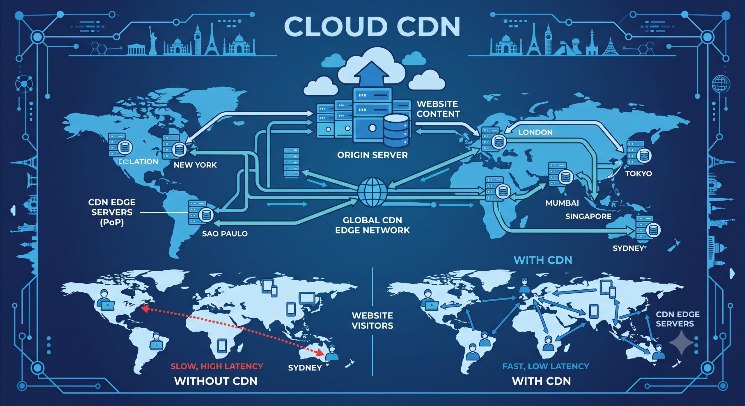 Cloud CDN network connecting multiple servers to website visitors around the world, blue flat illustration