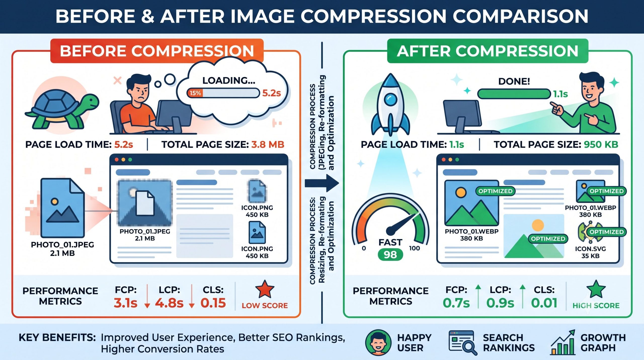 Before and after image compression comparison, website loading faster, clean illustration.