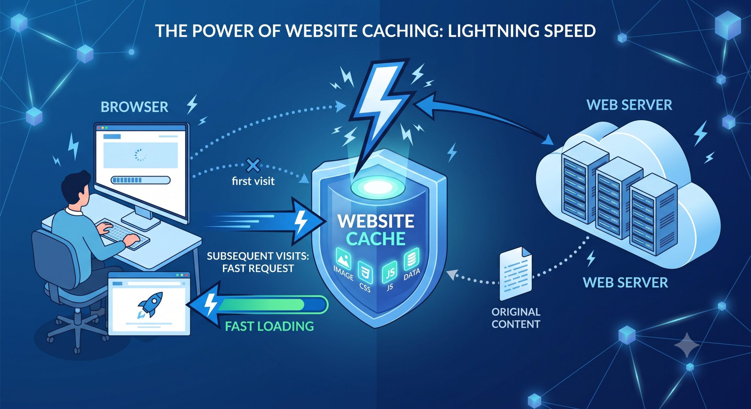 Website cache illustration with lightning icon, server and browser connected, blue theme.