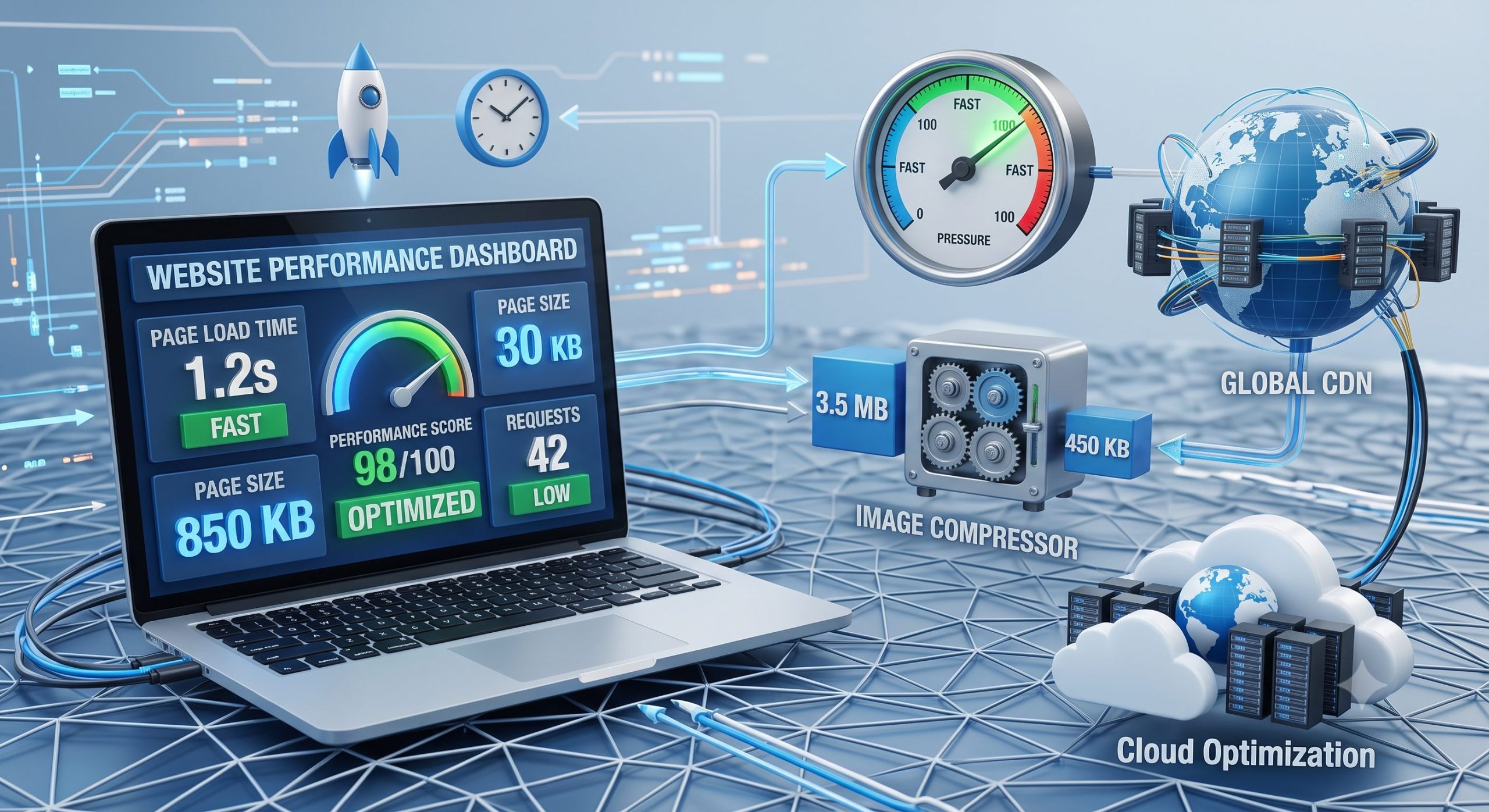 Business owner looking at website speed dashboard, loading bar turning green, modern office, flat illustration.
