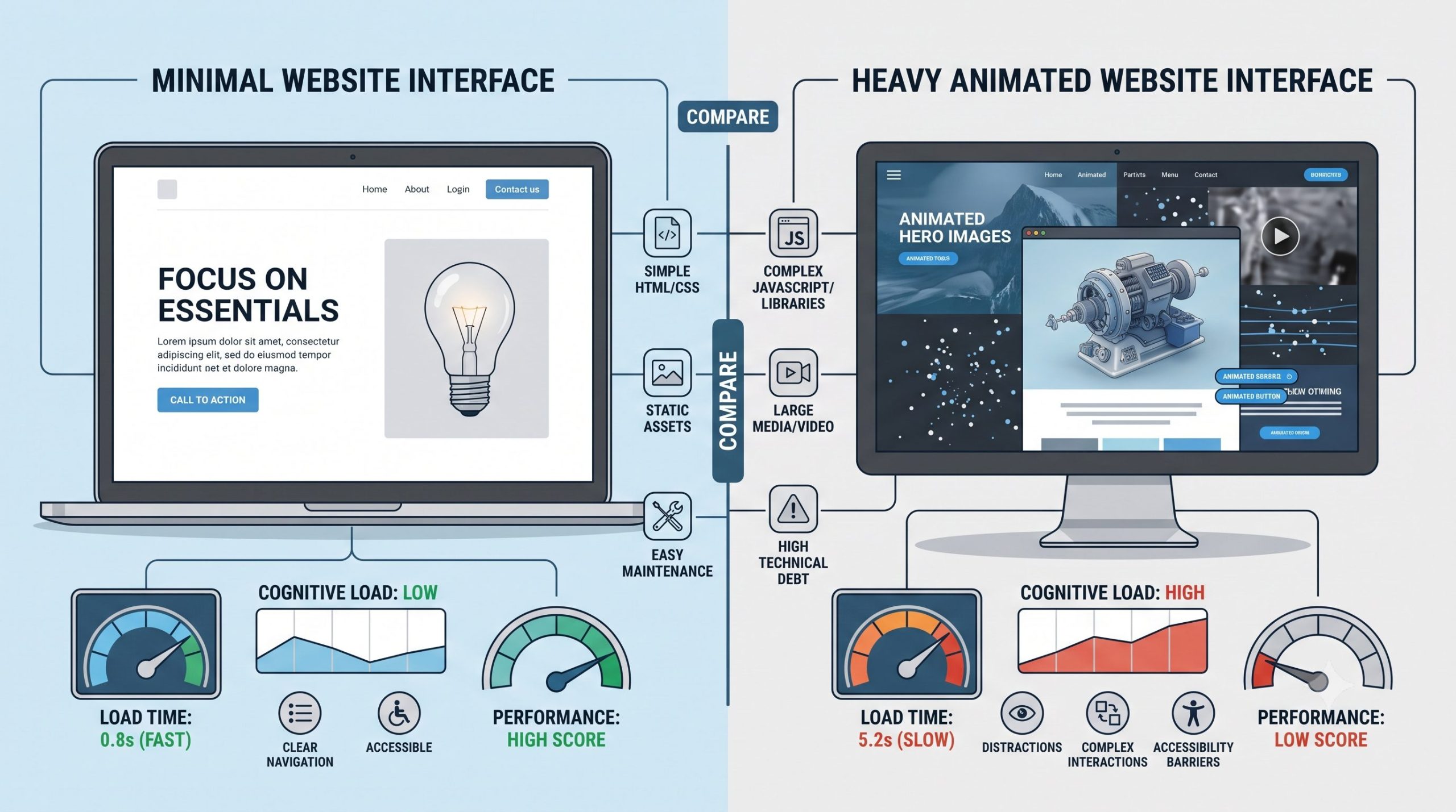 Minimal website interface compared with heavy animated website, clean comparison illustration.