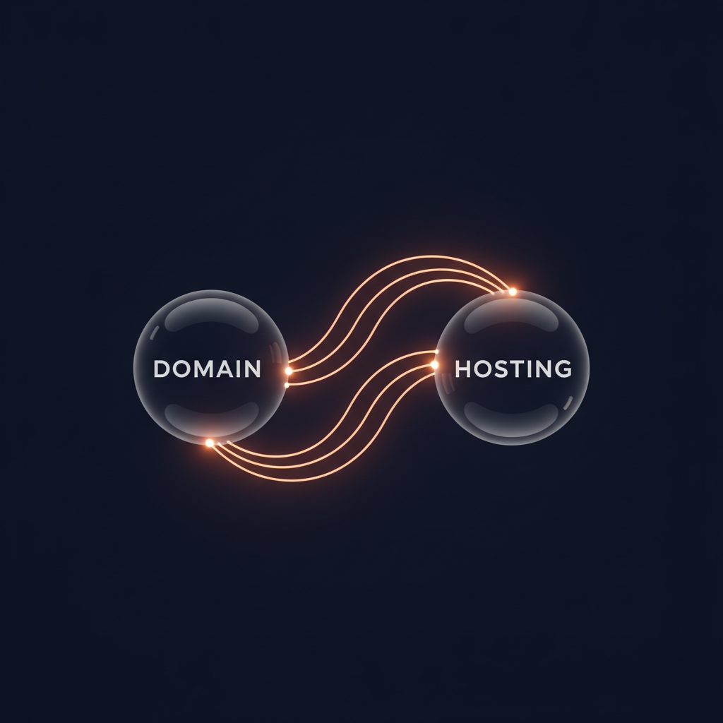 A minimalist illustration of two interconnected digital spheres, one labeled 'Domain' and the other 'Hosting', with glow