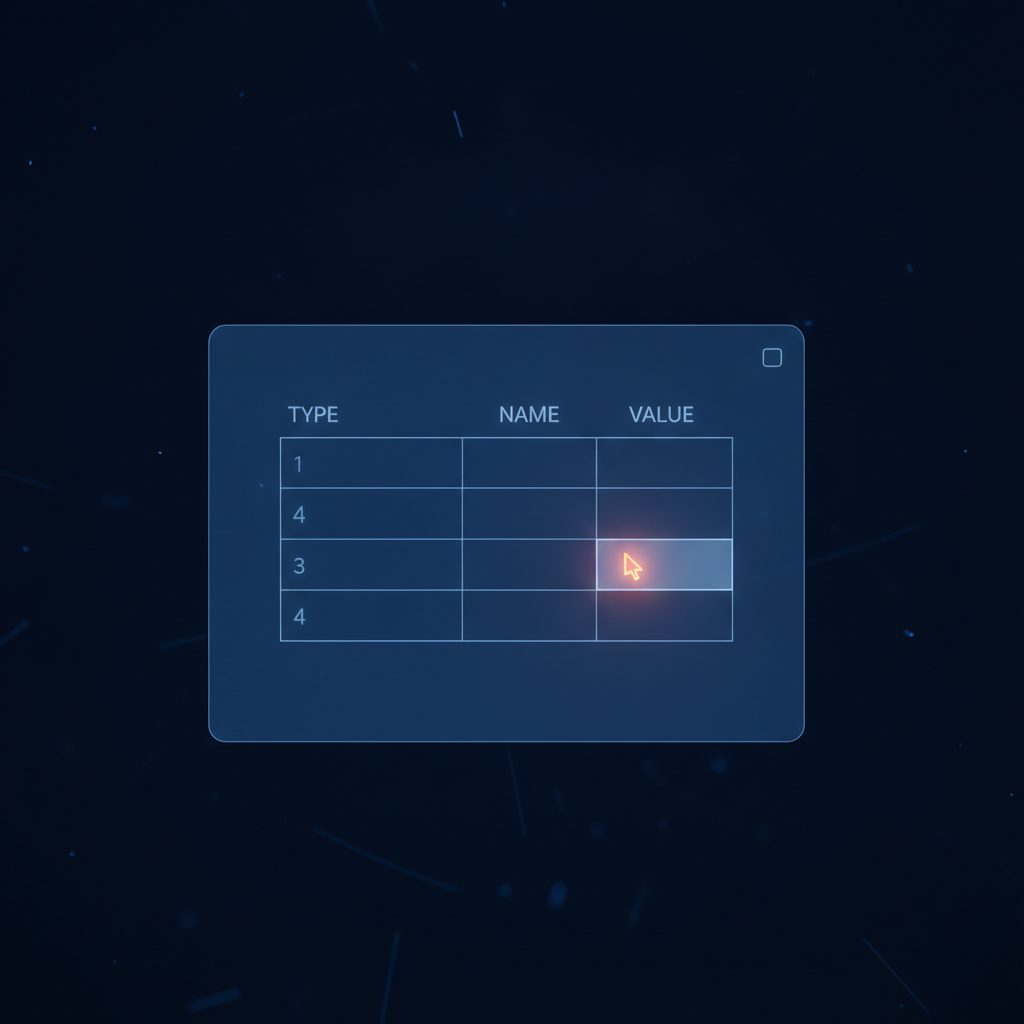 A digital interface showing a simplified DNS record table with a glowing orange cursor ready to make an input, against a