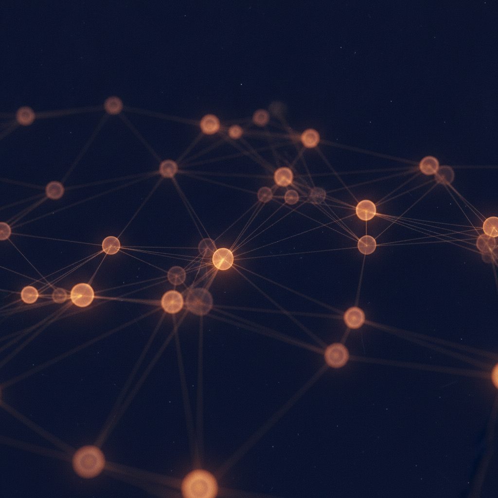 A stylized network graph with nodes slowly illuminating with warm orange light, representing DNS propagation across the 