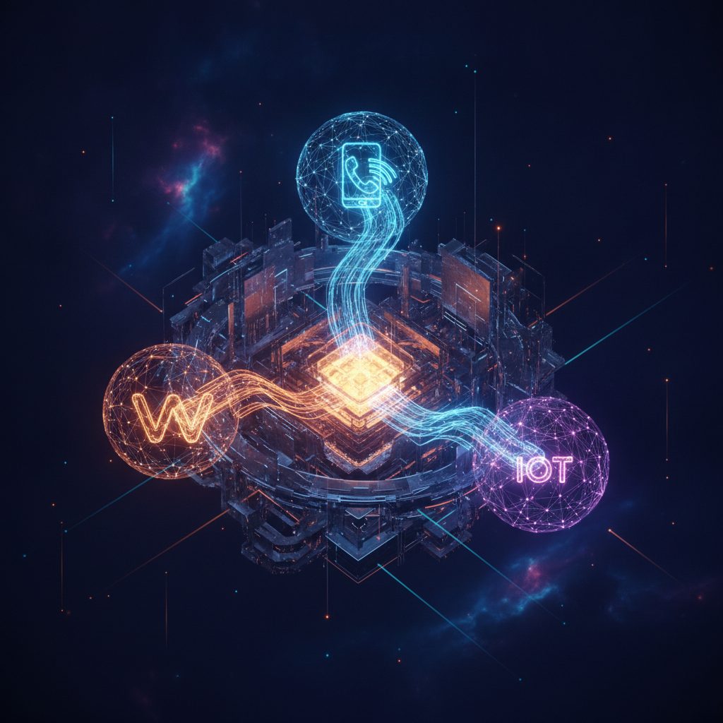Abstract digital architecture with a central core of data flowing outwards to various glowing nodes representing differe