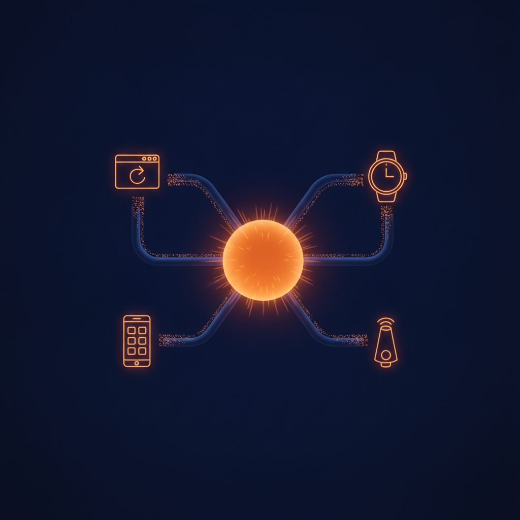 A stylized network diagram showing data flowing from a central content repository (glowing orange sphere) through multip