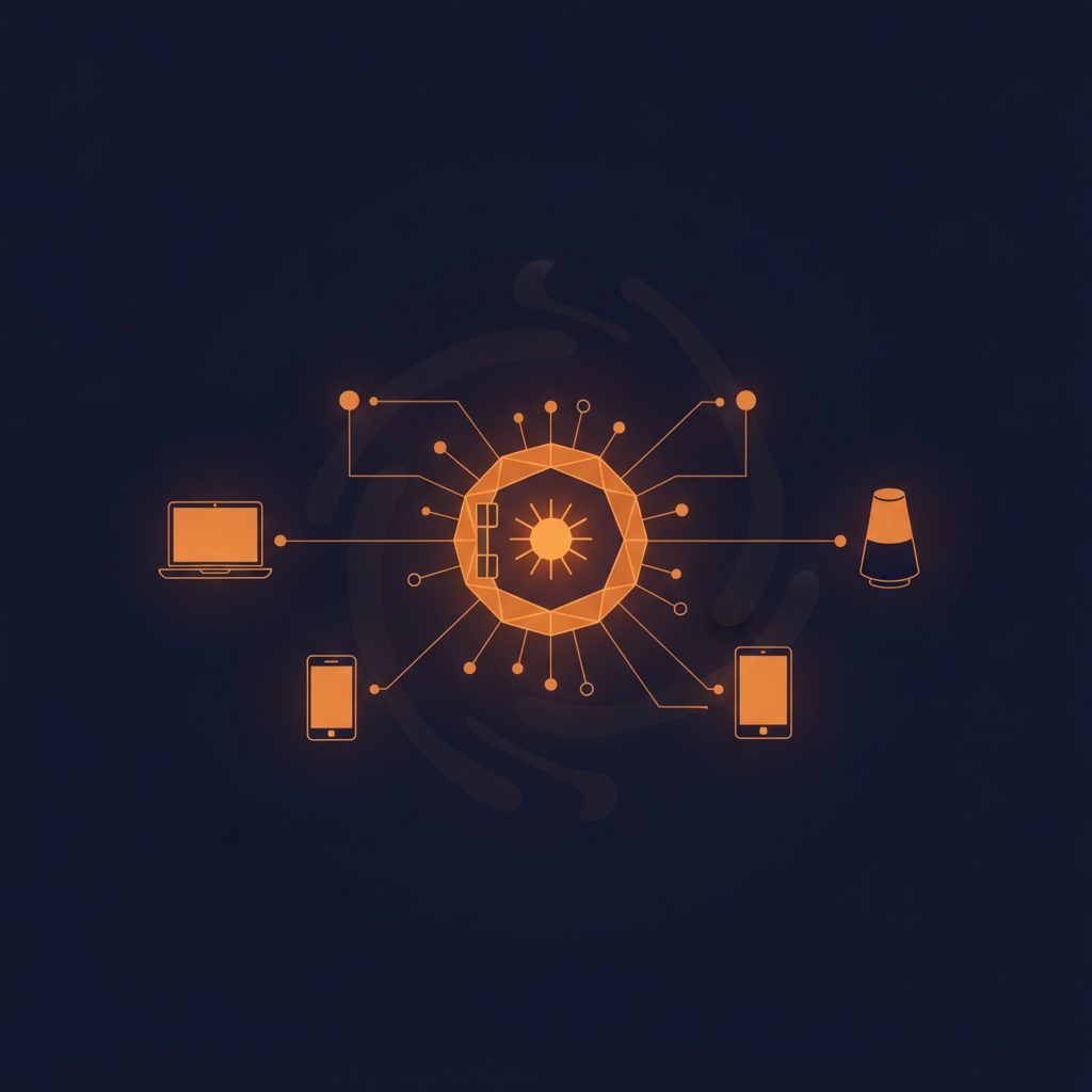A glowing orange abstract icon representing a secure data vault or content repository, surrounded by multiple smaller, g