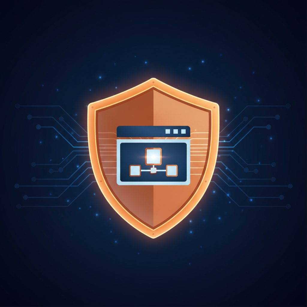 A glowing orange shield icon protecting a stylized website or server icon, with abstract network lines in deep navy back