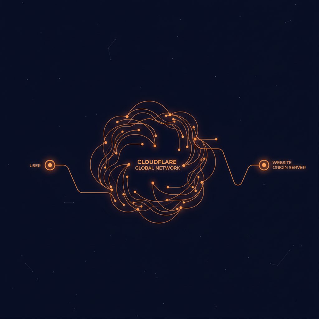A simplified network diagram showing a user connecting to Cloudflare's global network, which then intelligently routes t