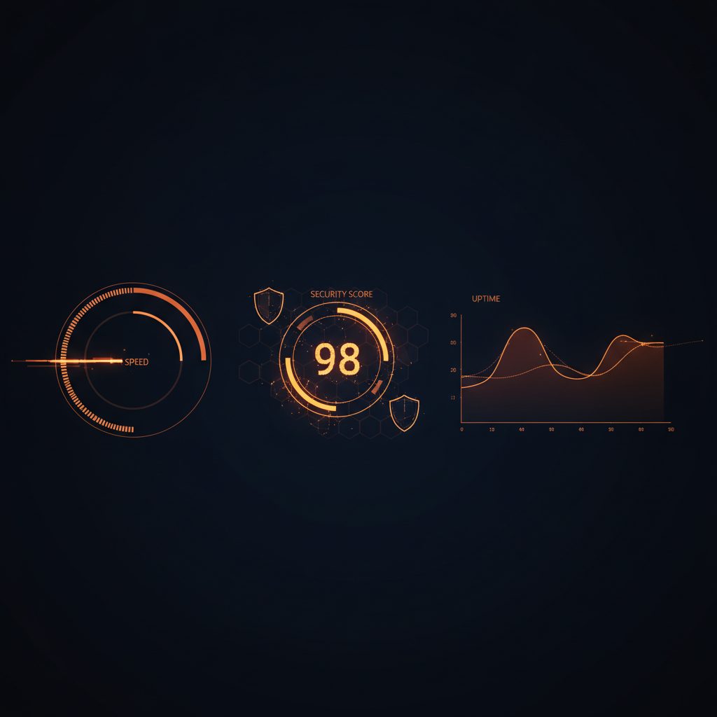 An abstract digital dashboard displaying performance metrics like speed, security score, and uptime. The graphs and data