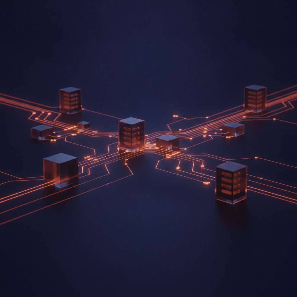 An abstract representation of data storage and network infrastructure, glowing orange lines connecting servers and data 