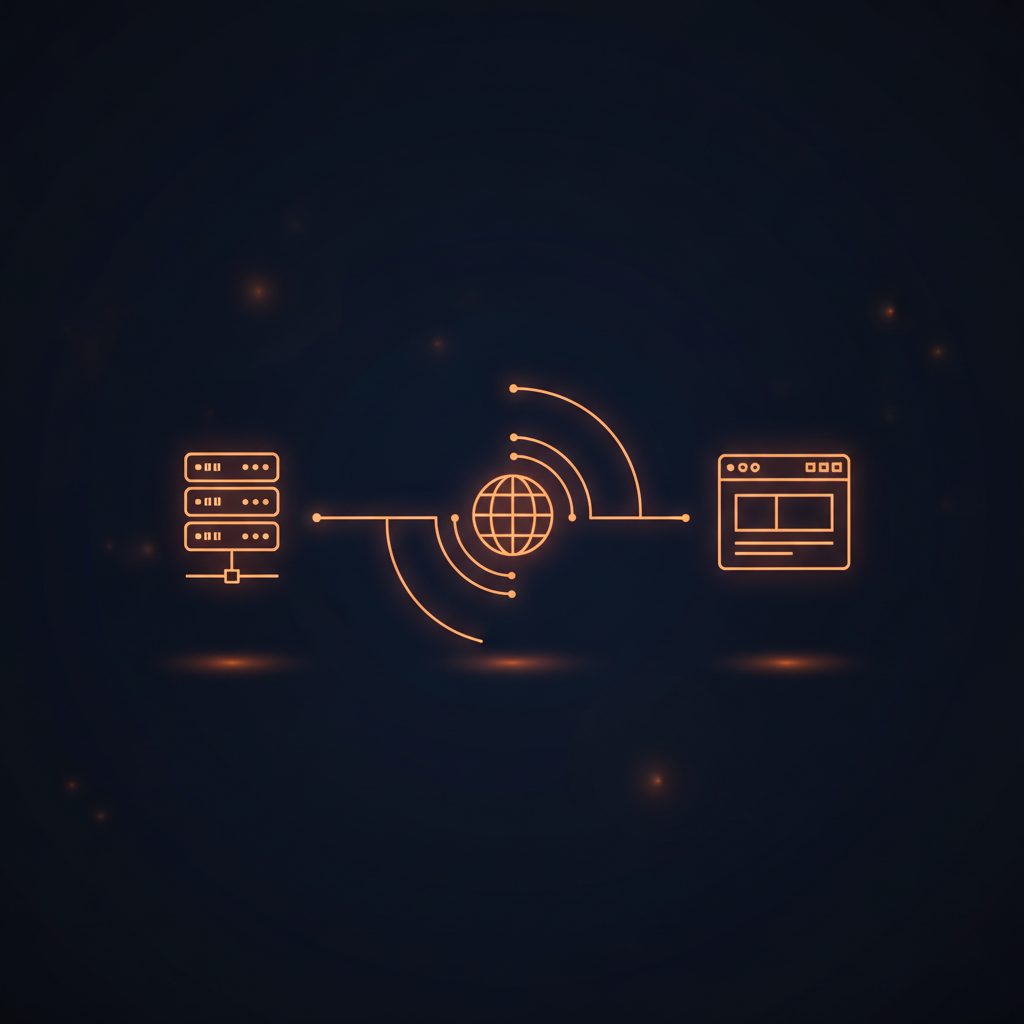 A stylized graphic showing three interconnected abstract elements representing a domain name (a network address icon), w