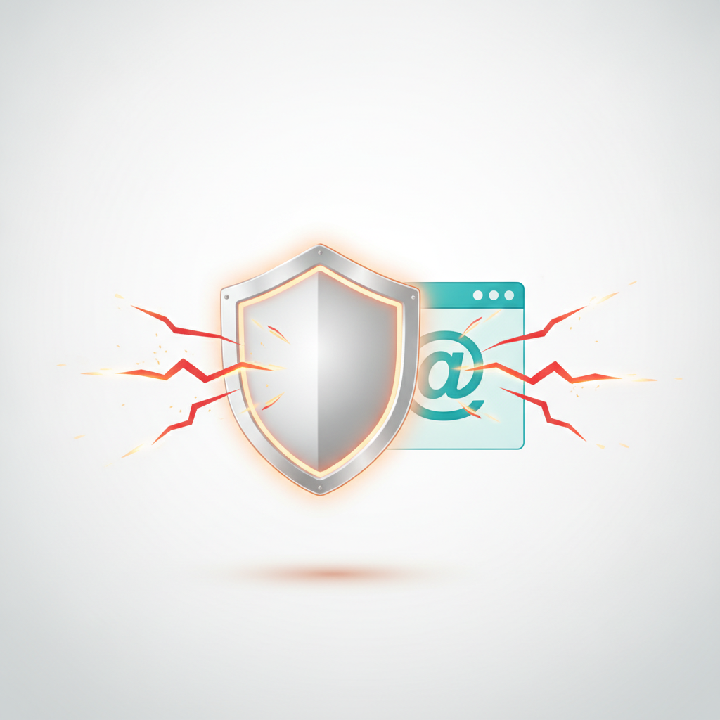 A shield icon protecting a website icon, with lines indicating a breach attempt being blocked, warm orange (#ff7a1a) acc