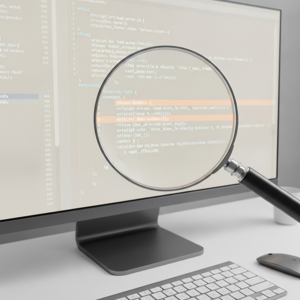 A magnifying glass scanning a website's code for malicious scripts, highlighting suspicious sections in warm orange (#ff