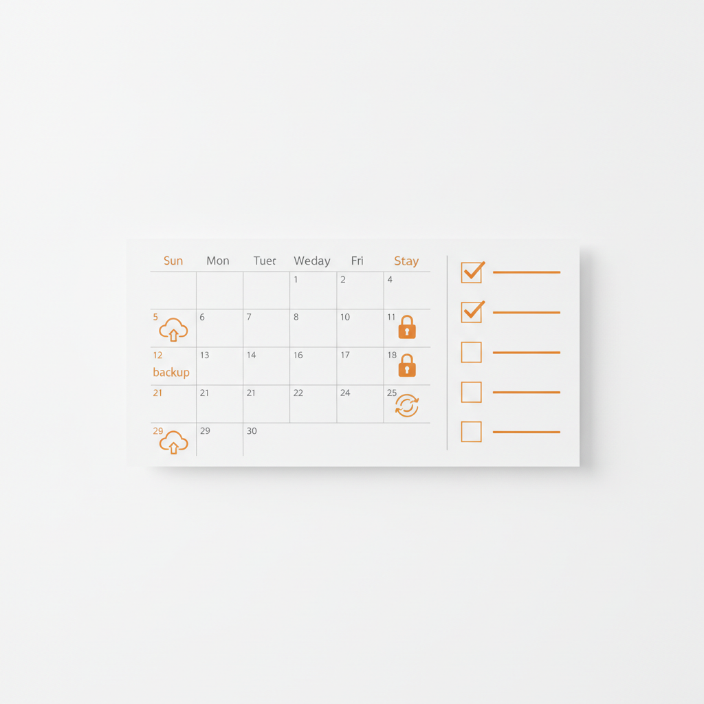 A calendar with recurring backup icons and a checklist for security updates, warm orange (#ff7a1a) highlights, bright cl