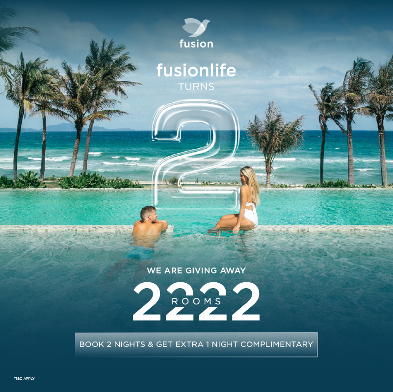Promotional banner celebrating Fusionlife’s 2nd anniversary, highlighting a giveaway of 2,222 rooms and a special offer: book 2 nights, get 1 complimentary night.